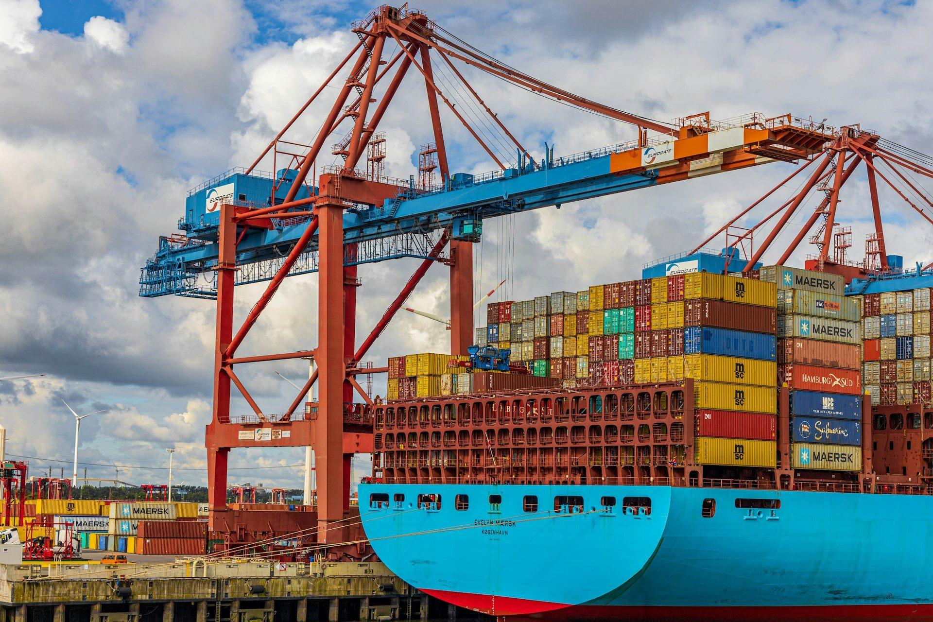 Container terminal with stacked containers and handling equipment