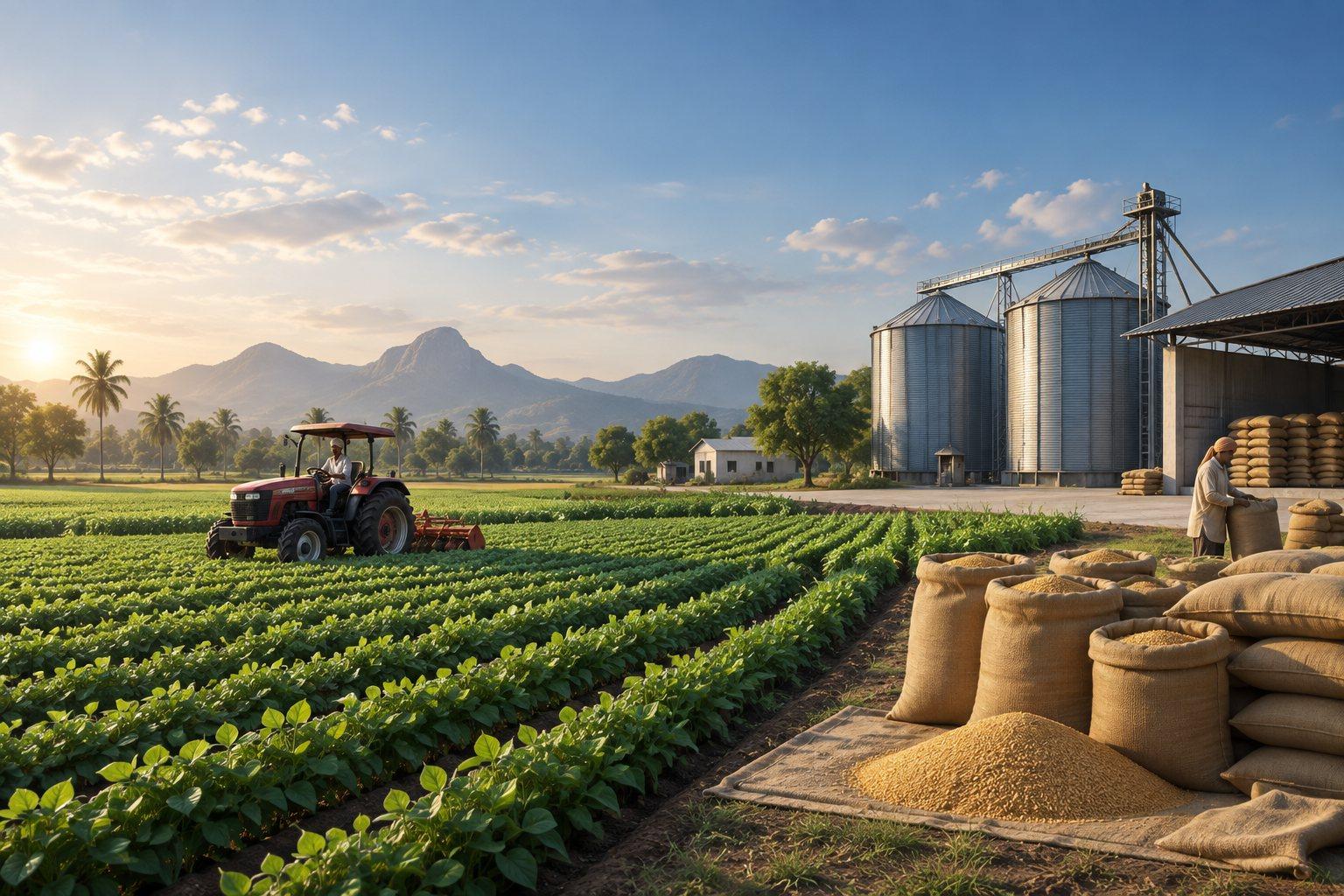 Illustration of crop fields, a tractor, grain sacks, and storage silos