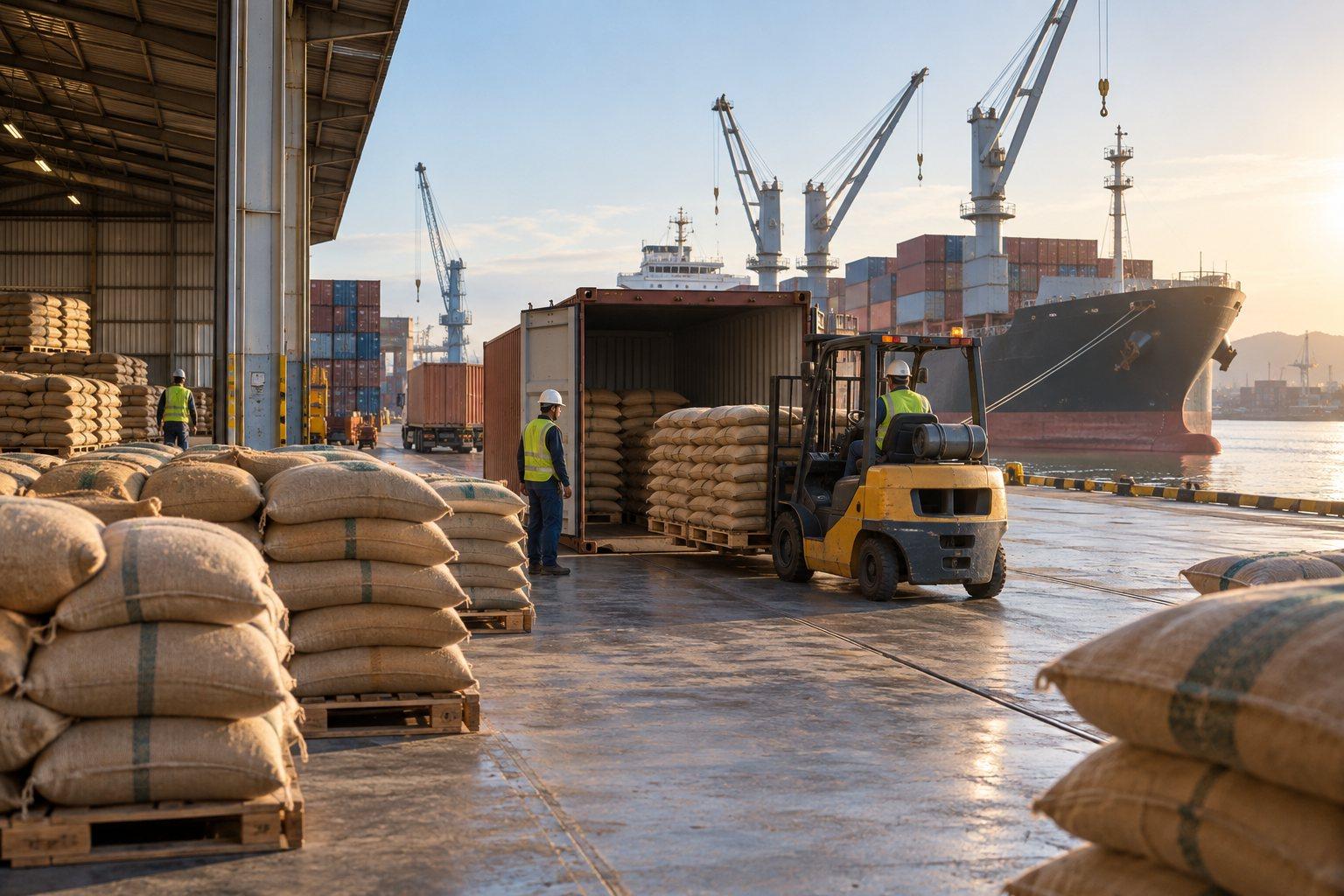Sacks of trading stock and shipping containers on a quay