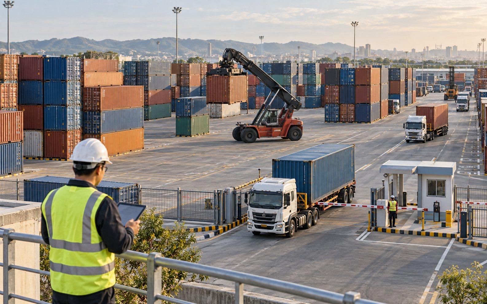 Container yard with stacked containers and a reach stacker