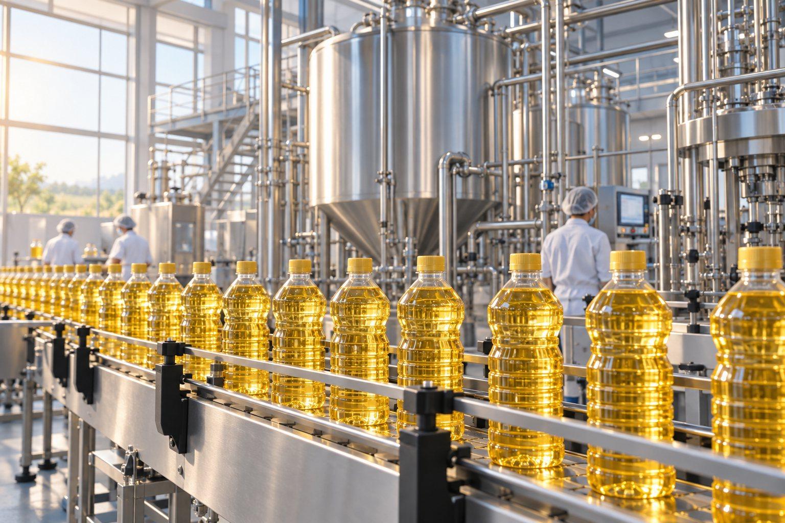 Illustration of an edible oil bottling line with golden cooking oil and stainless steel tanks