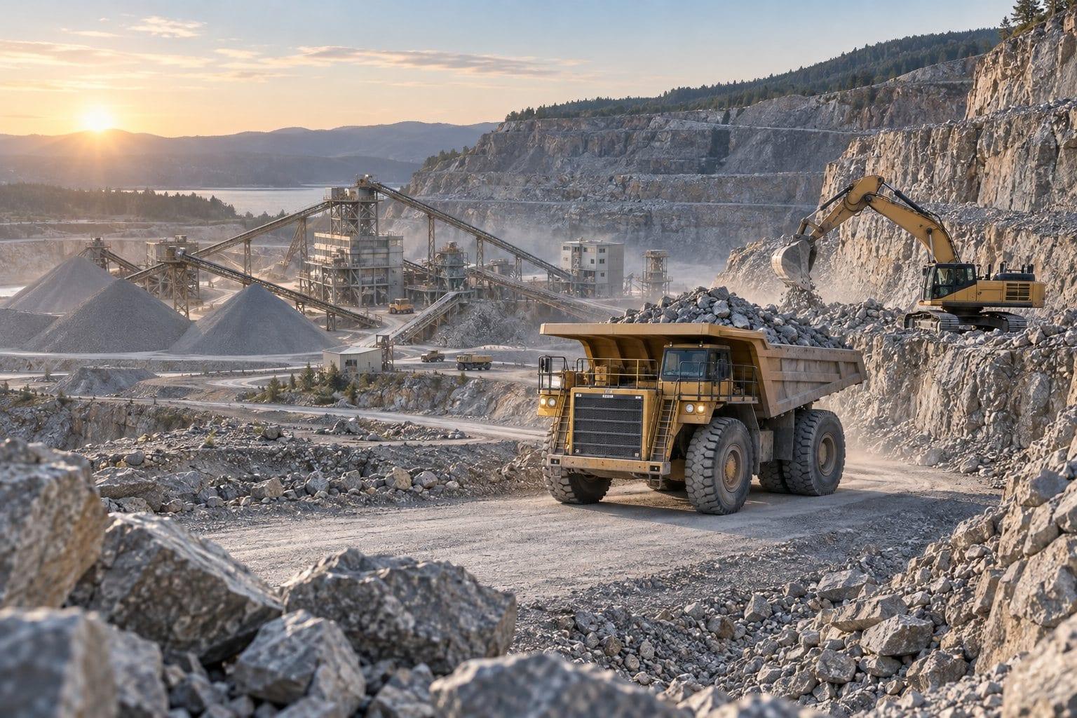 Illustration of an open-pit quarry with a haul truck, excavator, and crusher plant