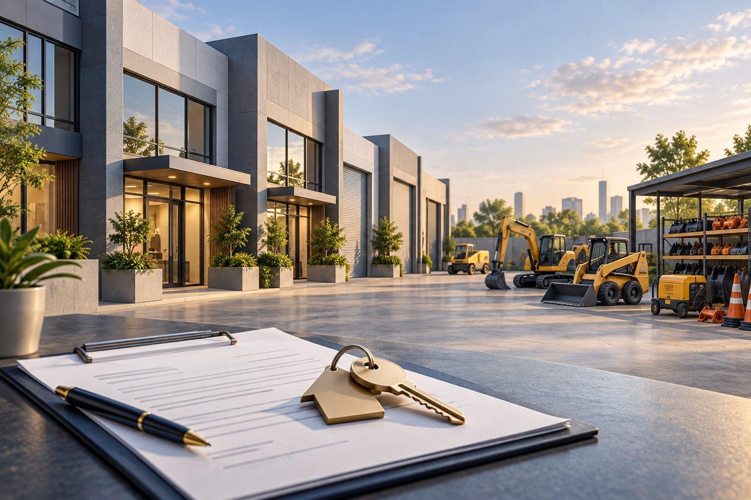 Illustration of commercial rental property, equipment, a key, and agreement paperwork