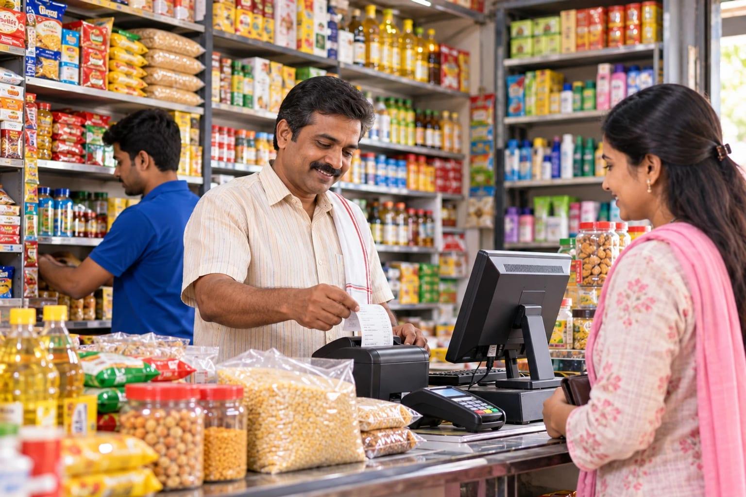 Shopkeeper handing a printed bill to a customer at a grocery counter