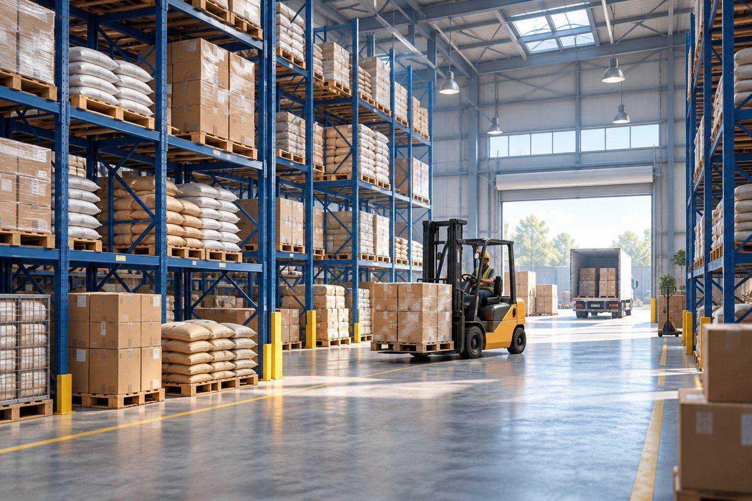 Illustration of warehouse pallet racks, stored goods, and a forklift
