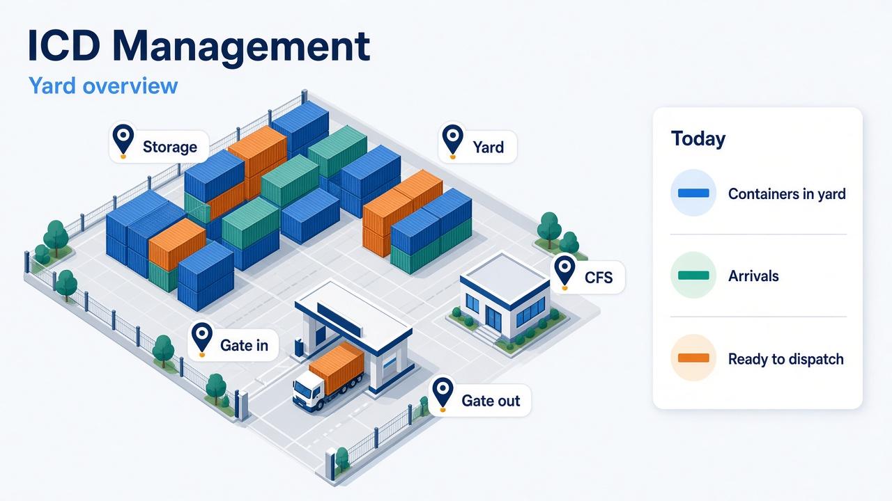 ICD yard overview with gate in, storage, yard, CFS, and gate out