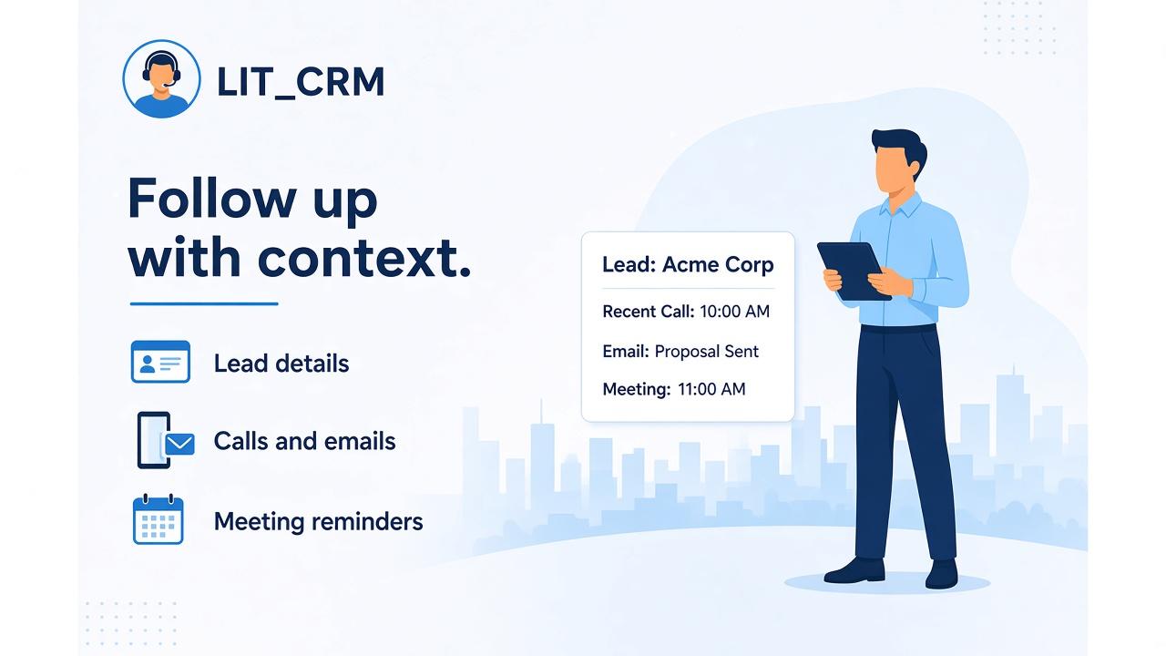 Salesperson reviewing a lead with recent call, email, and meeting reminder