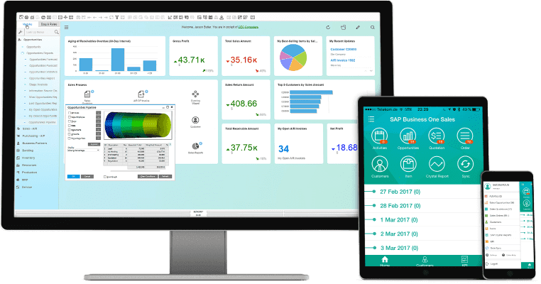 SAP Business One dashboards on a desktop monitor, tablet, and phone